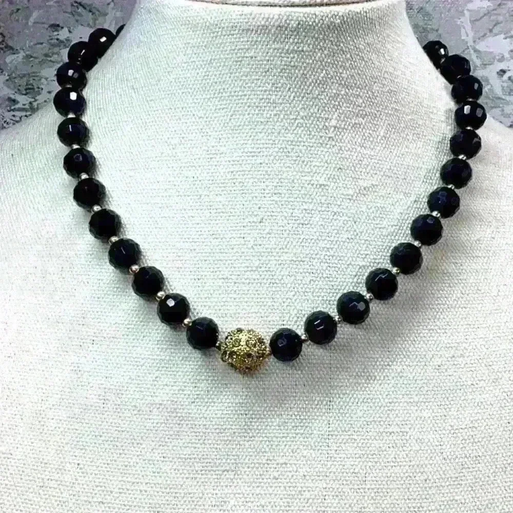 Vintage Monet Black Faceted Glass Beaded Necklace Rhinestone Disco Ball Pendant